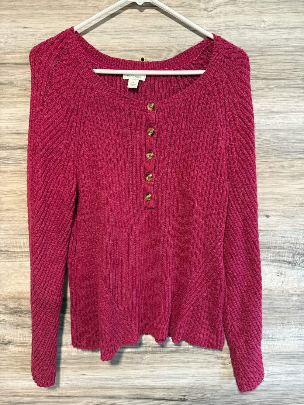 Sundance Birdie Henley Ribbed Sweater Knit Top Pop Over Button Pink